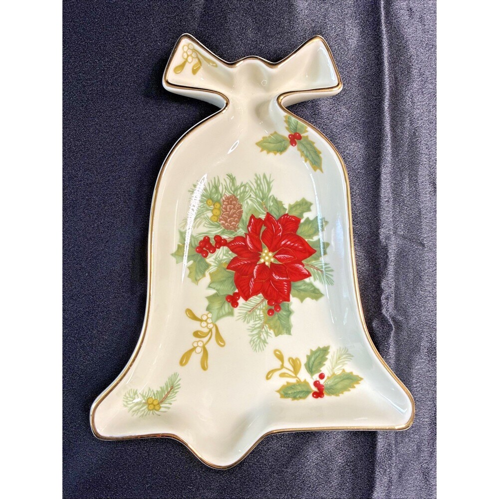 Mikasa Holiday Bloom Poinsettia Bell Candy Dish Fine Porcelain Christmas Vtg 90s